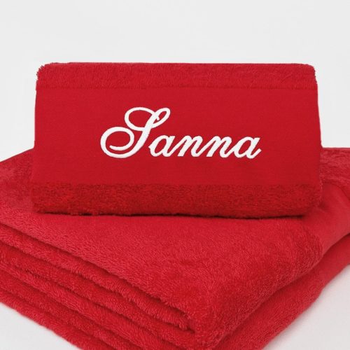 Rødt håndklæde med navn