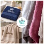 Fairtrade certified personalized towels in a range of colors with embroidered names