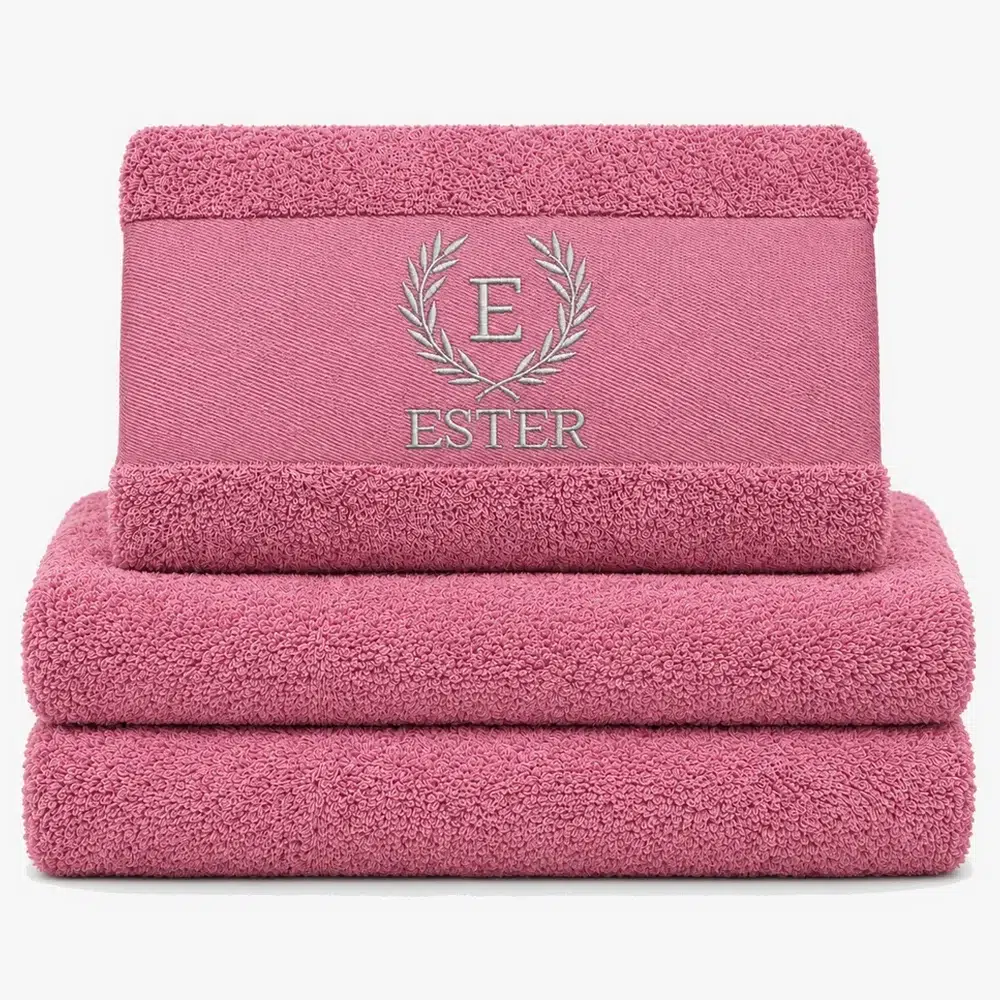 magnolia colored towel with name embroidered