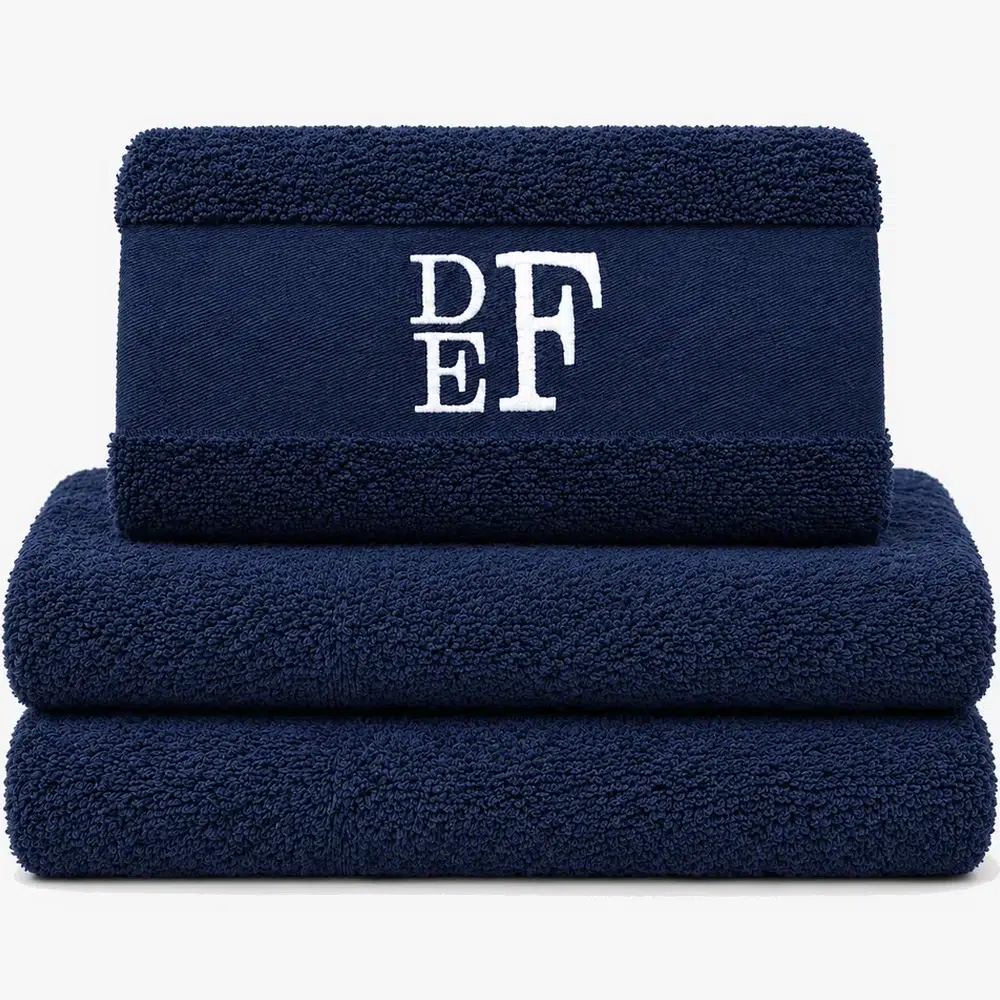 Navy blue personalized towel with embroidered name