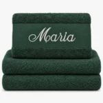 Dark green towel with name embroidered