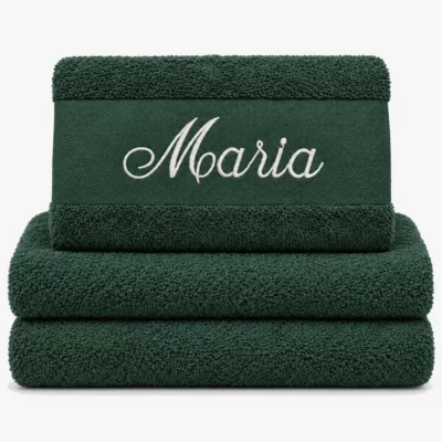 Dark green towel with name embroidered