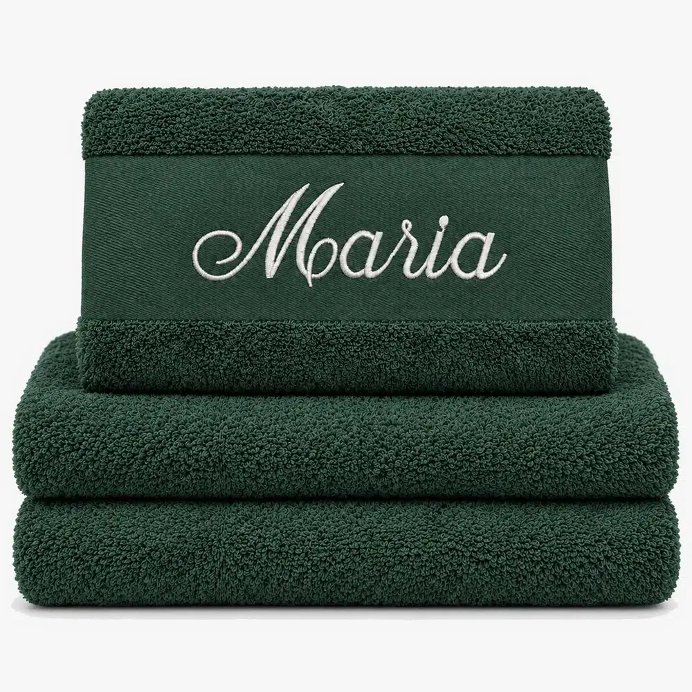 Dark green towel with name embroidered