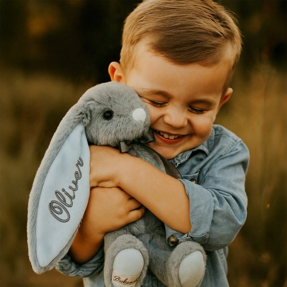 Perleblå kaninbamse med navn – Kanina