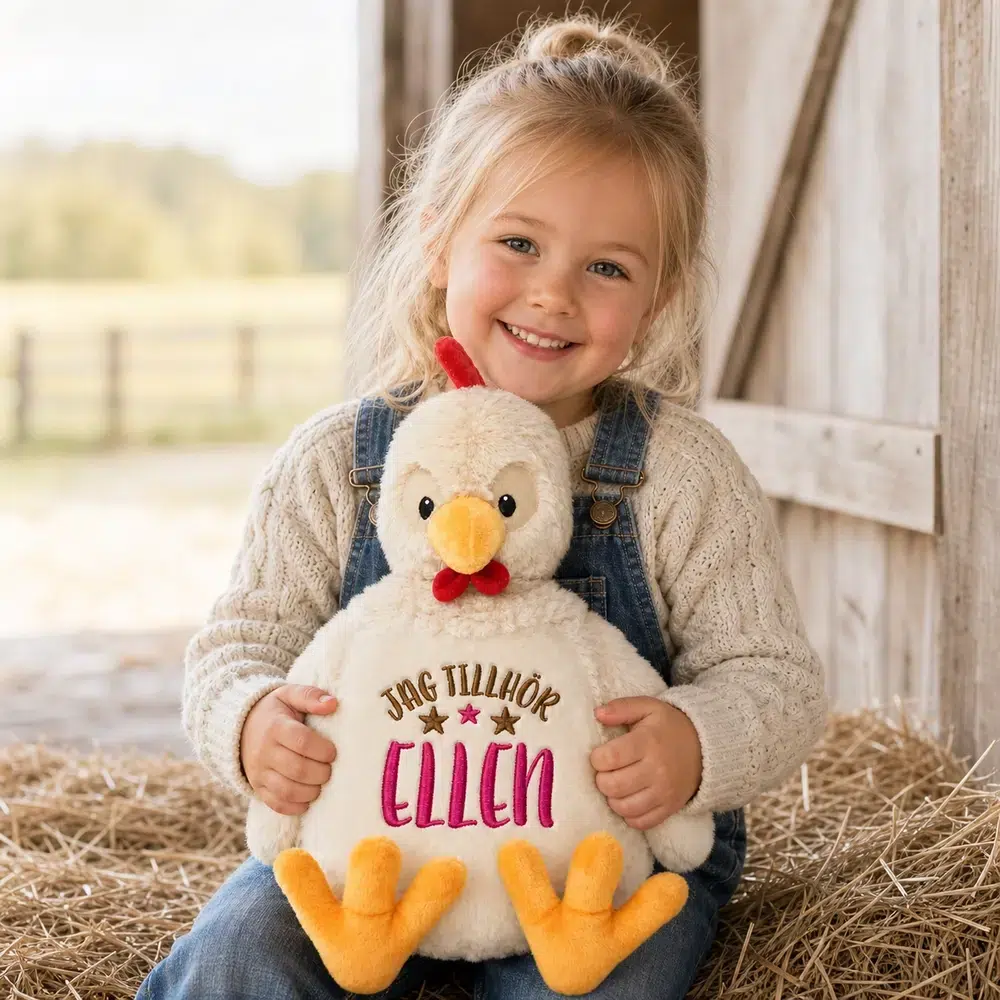 Personlig kyllingebamse med navnebroderi