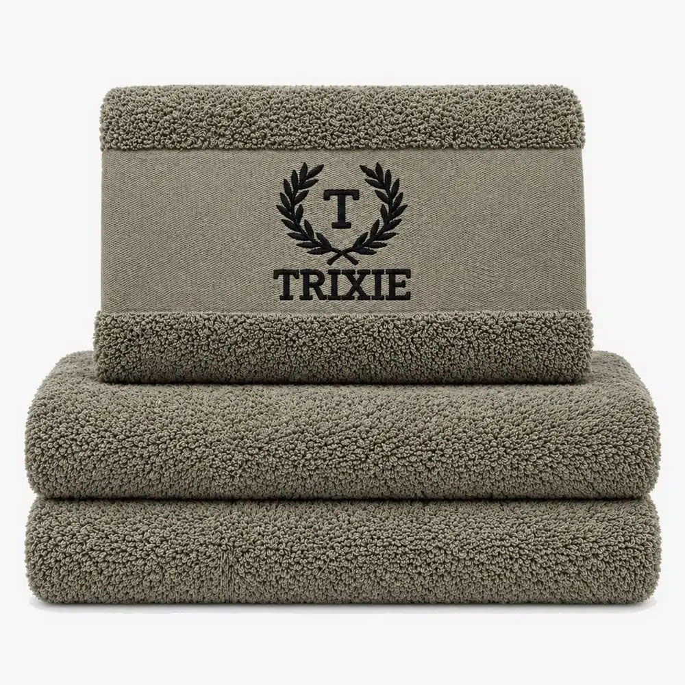 Olive green personalized towel with embroidered name