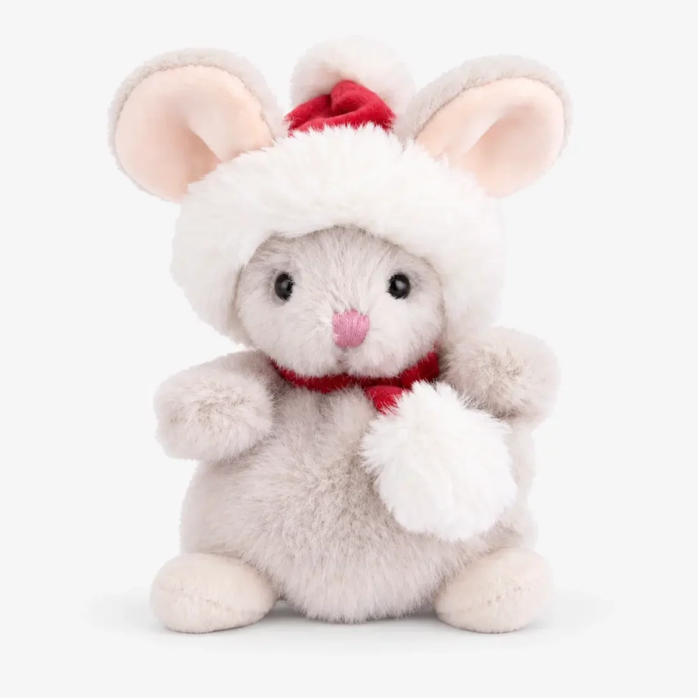Julemus bamse, 15 cm, Bukowski Julemus bamse fra Bukowski med nissehue og rødt halstørklæde, 15 cm